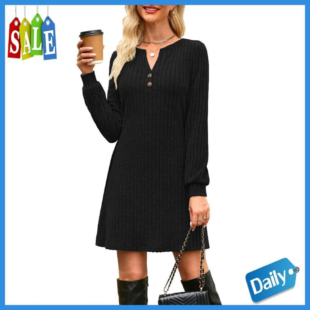 Long Sleeve Mini Sweater Dress Fully Lined Pockets Fall Winter Casual
